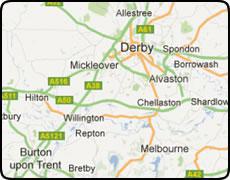 map of Derby showing  Burton Upon Trent     and 